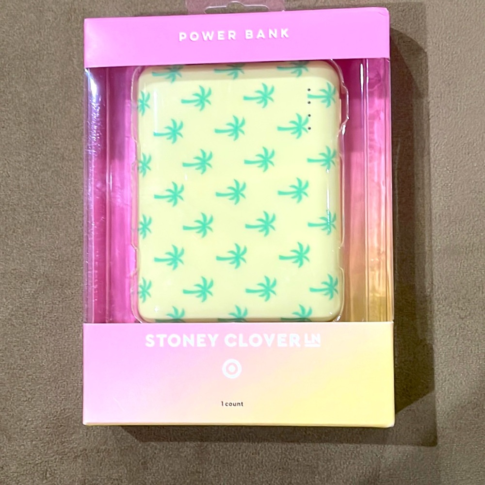 NWT Stoney Clover Lane power bank.  Yellow with green palm trees